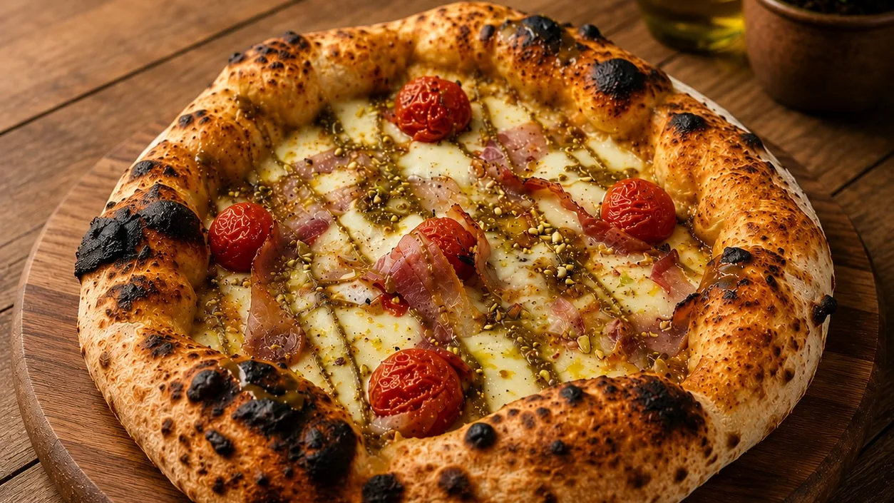 Pizza artesanal con panceta, tomates datterini y albahaca
