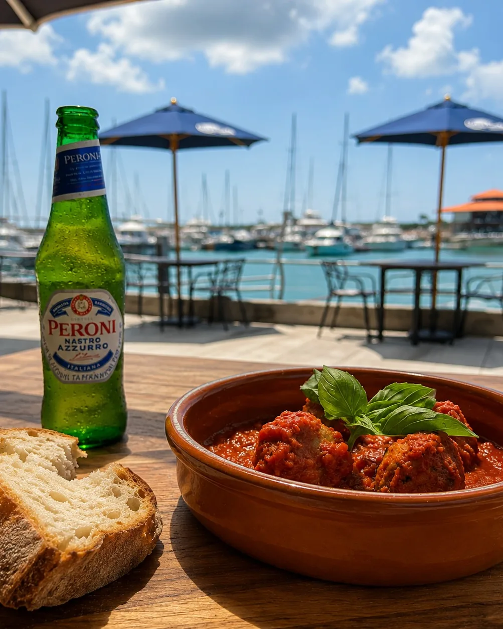 Polpette al pomodoro en cazuela de barro, con pan de la casa y una Peroni